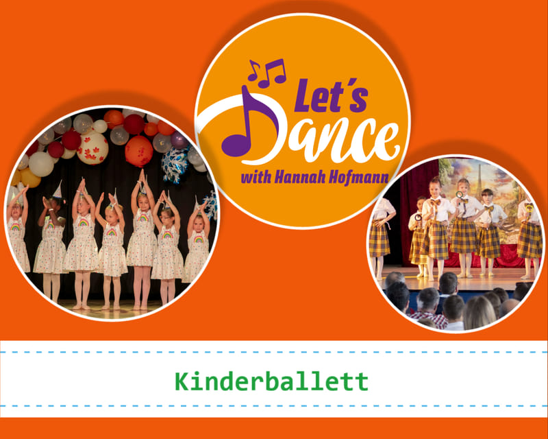Kinderballett: kleine Ballerinas in weißen Kleidern auf der Bühne, daneben das Logo des Tanzstudios